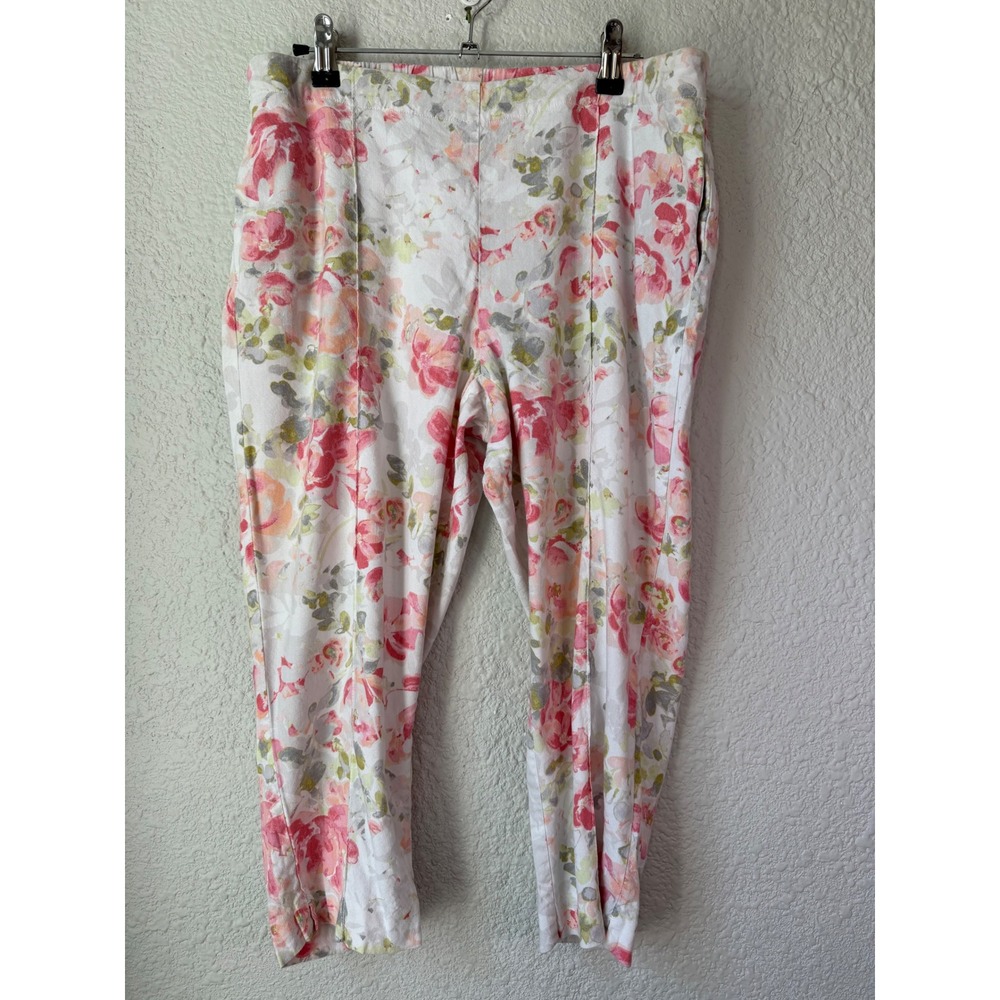 J. Jill Linen Stretch Floral Tapered Pants Womens Medium Petite Pink Watercolor